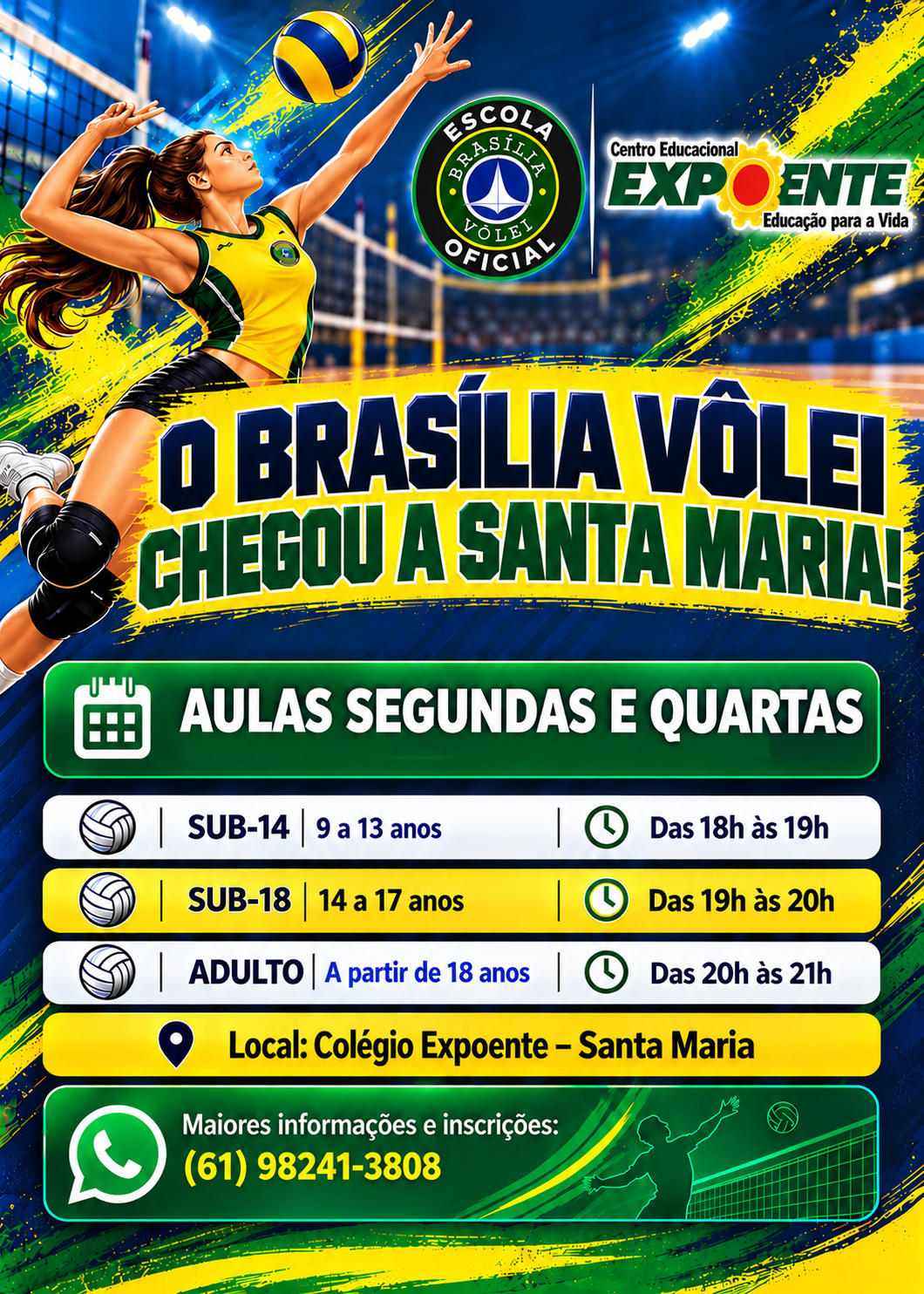 Brasília Vôlei no Centro Educacional Expoente — turmas Sub-14, Sub-18 e Adulto em Santa Maria, DF